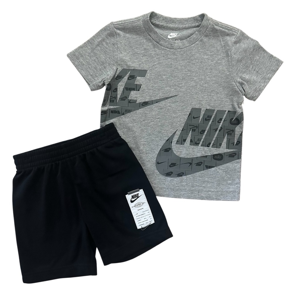 Nike Boys 4T 2PC Set Gray Logo Tee Black Shorts Athletic Outfit